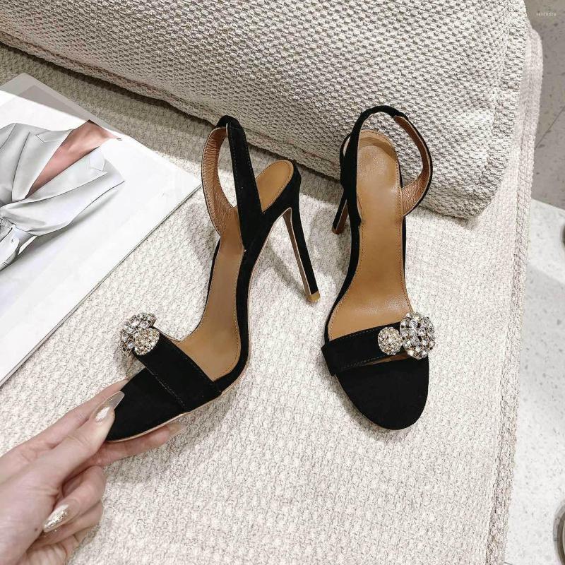 

Sandals 2023 Summer Round Toe Women Shoes Back Strap High Heels Sexy Genuine Leather Rhinestones Sapato Feminino, As pic 10.5cm