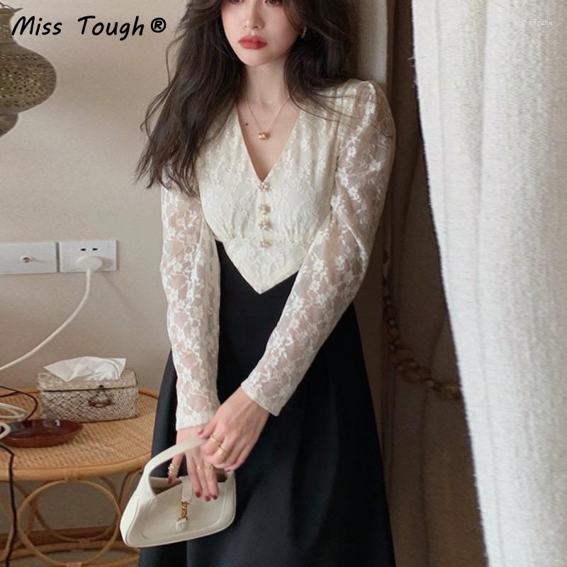 

Casual Dresses 2023 Patchwork Lace Elegant Dress Women Autumn High Waist Vintage Party Midi Female Long Sleeve Sweet Fairy, Picture shown