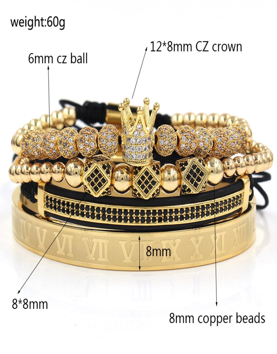 

4pcsset Gold Black Hip Hop Hand Made Beaded Bracelet Men Copper Pave CZ Zircon Crown Roman Numeral Bangles Bracelets Jewelry 20 s9799680