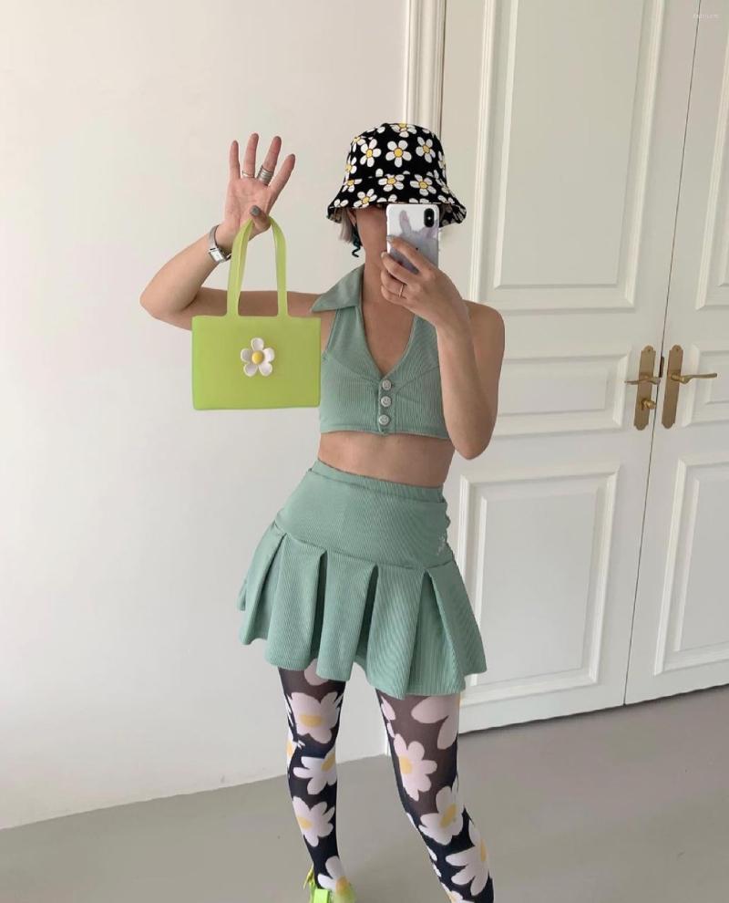 

Skirts Women Fashion Skirt 2Pcs Suit Solid Color Sleeveless Lapel Button Cropped Tops High Waist A-Line Pleated Street Style, Green