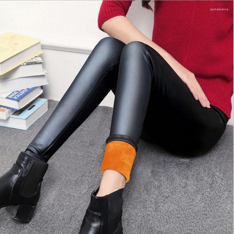 

Active Pants 4XL Winter Leather Leggings Women Sexy Hip Lifting PU High Waist Warm Velvet Thickened Legging Elastic Black Slimming, Faux leather