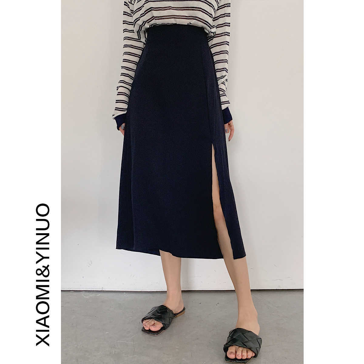 

split skirt for women slim summer new side split A-line skirt long skirt, Black2