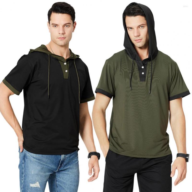

Men's T Shirts Men Summer T-shirt Hooded Drawstring Short Sleeves Color Matching Buttons Match Pants Casual Pullover Sports Top Clothes, Black
