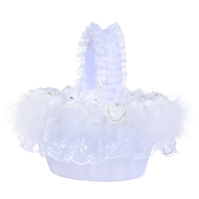 

White Lace Girl Basket Elegant Satin Rose Round Wedding Favors Decoration L0519-5656