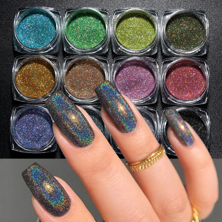 

Nail Glitter 12 pieces holographic chrome plated nail powder set with silver glitter laser mirror design nail art pigment iris decoration tool SA1028 230526