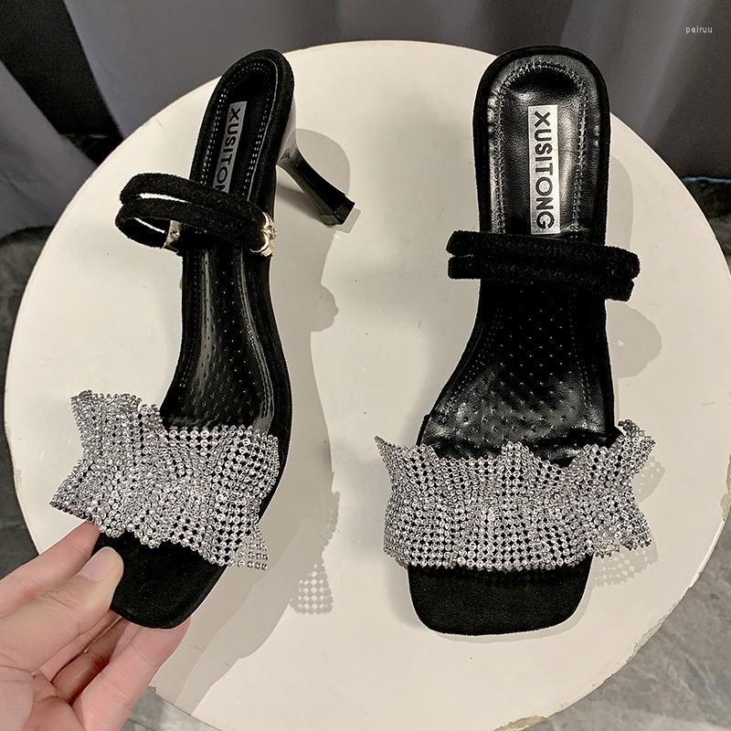 

Slippers PU Sandalias Summer Stiletto Heels Fashion Party Bling Gladiator Pleated Shallow 2023 Ytmtloy House Zapatillas Casa Mujer Sapato, Black