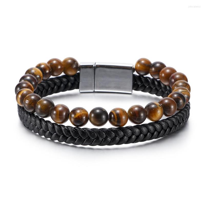 

Link Bracelets Simple For Man Round Bead Gemstone Bangles Natural Stone Braided Cowhide Rope Stainless Steel Agate Bracelet