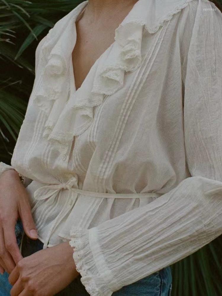 

Women' Blouses Women Lace Stitching Ruffles Shirt Lace-up Sweet White Top Long Sleeve V-neck Female Single Breasted Blouse Summer 2023