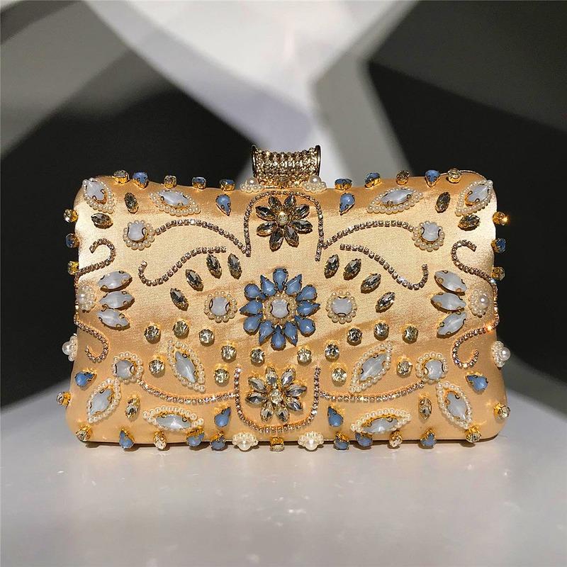 

Evening Bags Women Bag Crystal Flower Hand Sewing Gorgeous Party Clutch With Long Shoulder Carry Chain Strap Drop, Gold