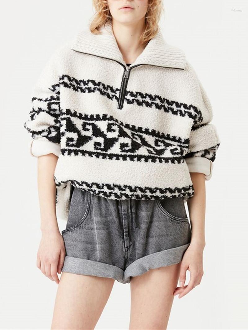 

Women's Jackets 2023 Autumn Winter Turn-Down Collar Knit Sweater Coat Lady Retro Print Long Sleeve Plush Half-Zip Sweatshirt, Top