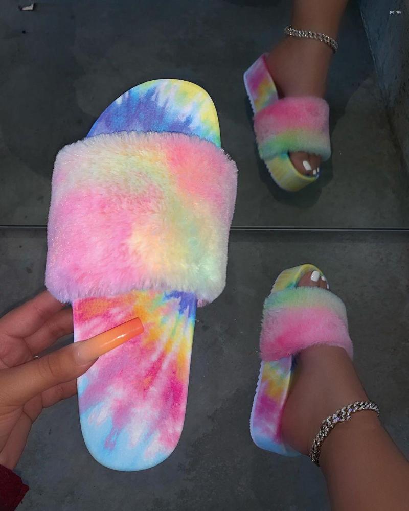

Slippers Factory Direct Sales Women's Shoes 2023 Autumn And Winter Tie-Dyed Candy Color Furry Cotton, Purple