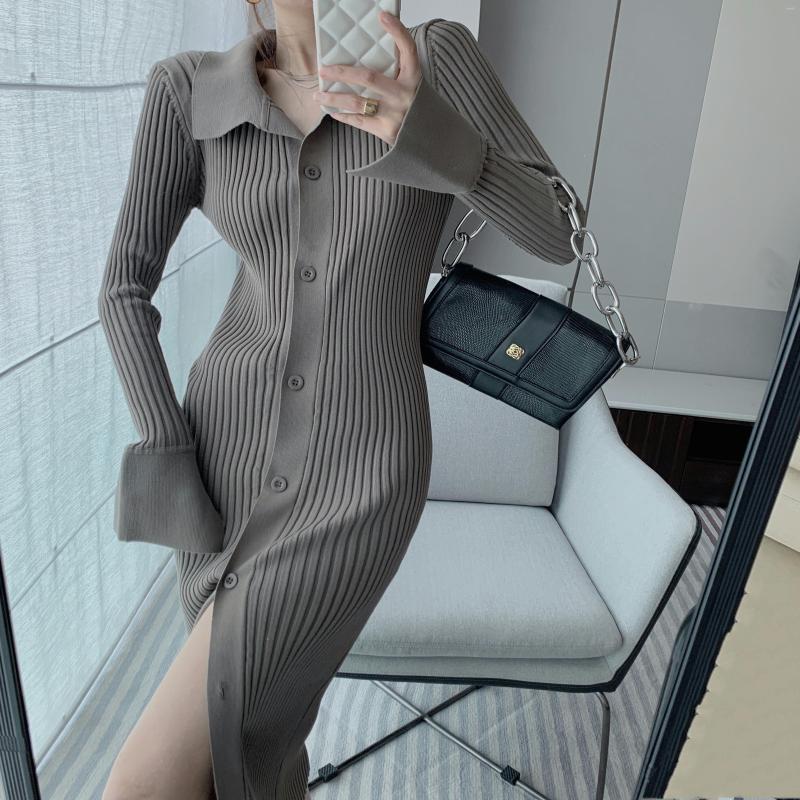 

Casual Dresses 2023 Winter Knitted Dress Women Long Sleeve Warm Korean Midi Ladies Fo Solid Button Vintage Sweater, Green dress