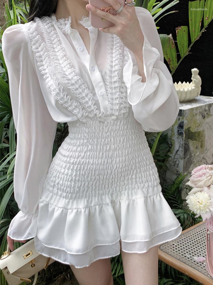 

Casual Dresses Women Sexy White Short Sweet Dress Long Puff Sleeve Transparent Chiffon Korean Fashion Clothes 2023 Summer