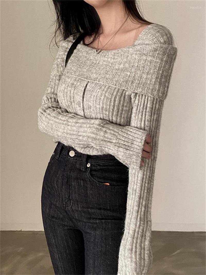 

Women's Knits Chic Sweaters Soft Women High Quality Slash Neck Solid Sexy 2023 Winter Coats OL Slim Daily Warm Knitted Cardigans, Grey
