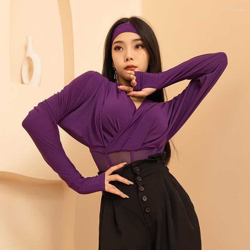 

Stage Wear Latin Dance Clothes Female Adult Long Sleeve Purple/Brown/Black Practice Tops Professional Modern Ballroom Shirt DWY8174, Purple tops