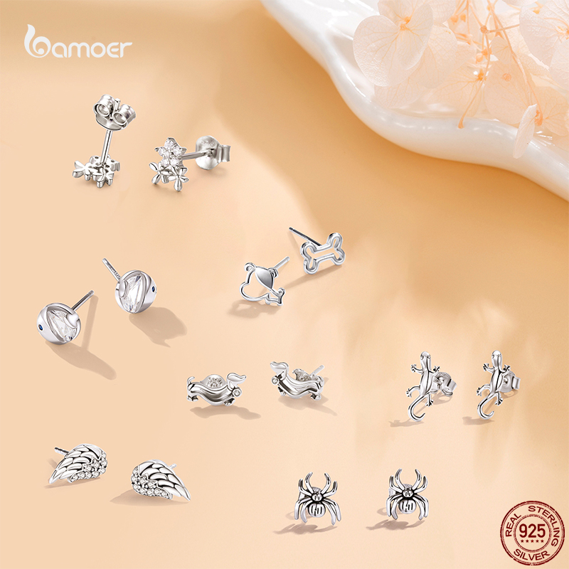 

Bamoer Genuine 925 Sterling Silver Simple Animal Cat Rabbit Stud Earrings Cute Claw Piercing Ear Studs Fashion S925 Jewelry Gift