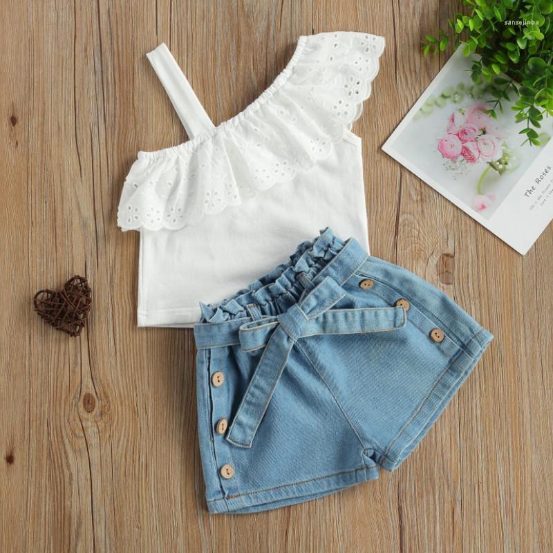 

Clothing Sets Girl Clothes Little Kids Short Casual Strap One Shoulder Lace Ruffle Tops And Belted Denim Shorts Set Summer 2023