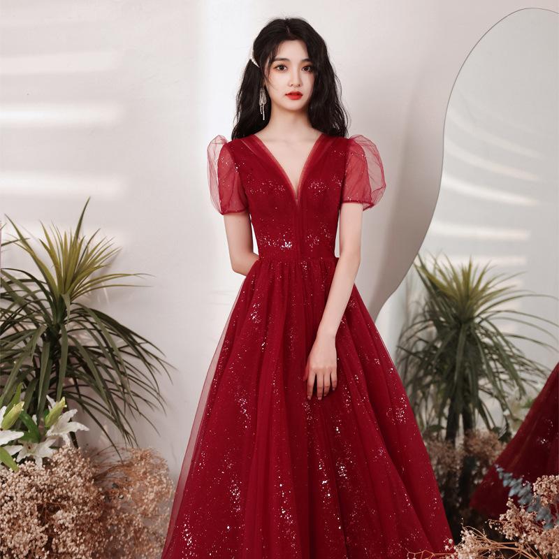 

Ethnic Clothing Burgundy Sexy Deep V-Neck Slim Banquet Gown Women Elegant Vintage Evening Party Dresses Exquisite Sequined Long A-Line Dress