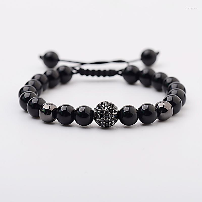 

Strand Black Zircon Ball Pave Beaded Bracelet Men Weaving Bangles For Women