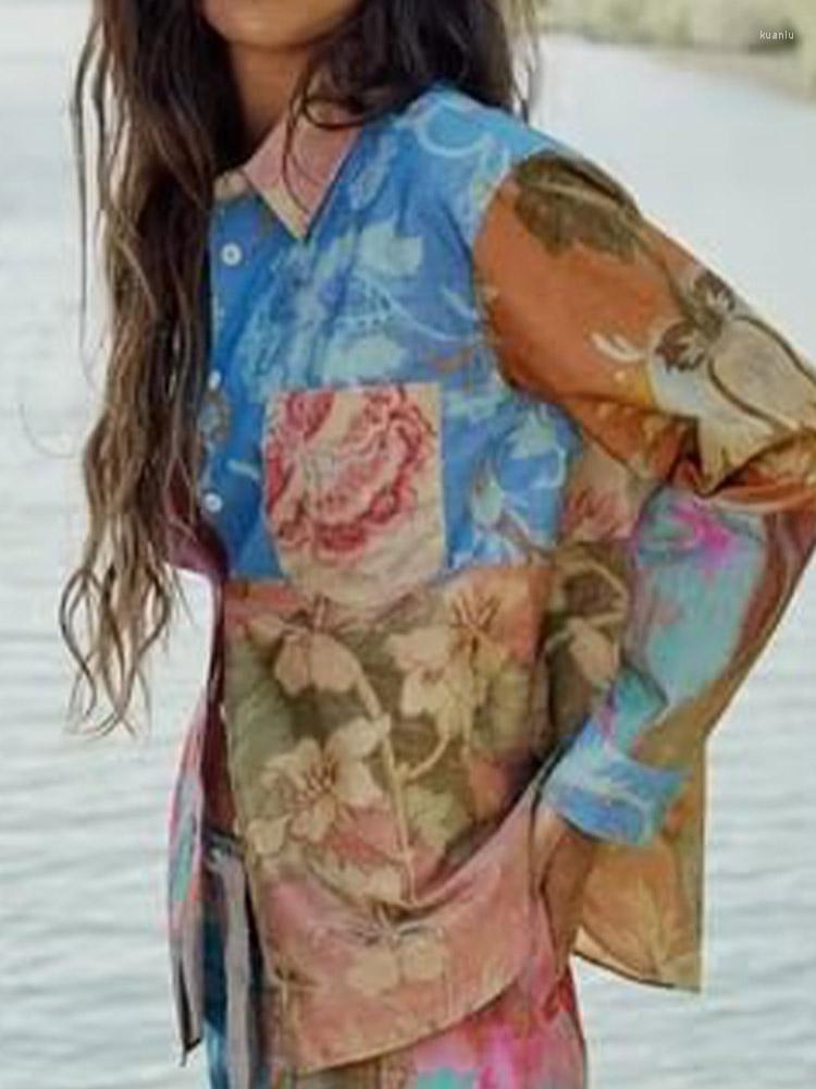 

Women's Blouses Kumsvag 2023 Women Summer Print Shirts Tops Vintage Turn-down Collar Pocket Female Elegant Street Loose Top Clothing