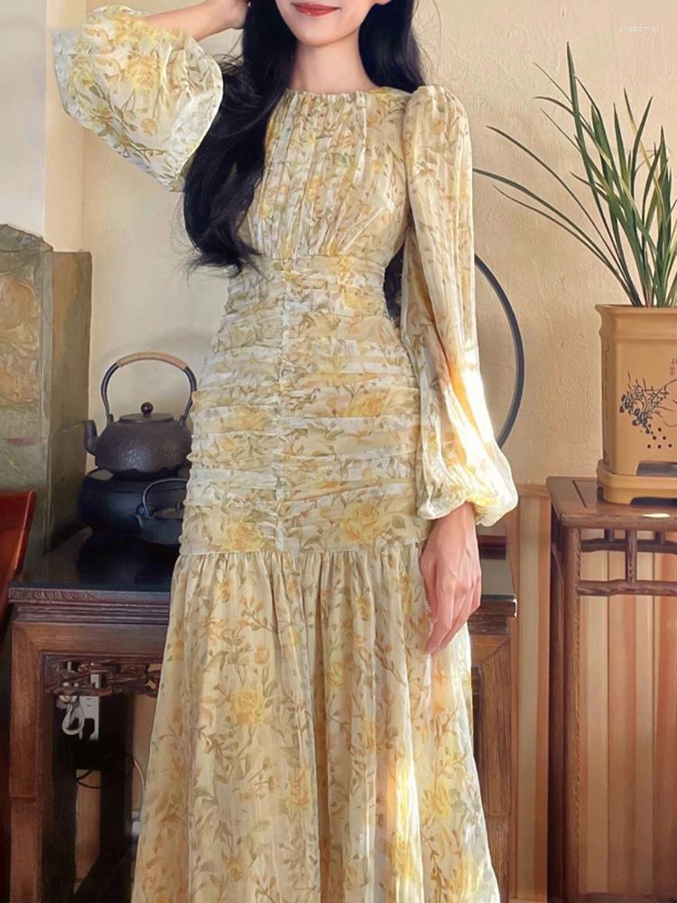 

Casual Dresses Elegant Printed Dress For Women O Neck Long Puff Sleeve High Waisted Midi Fashion Chic Chiffon, Yellow