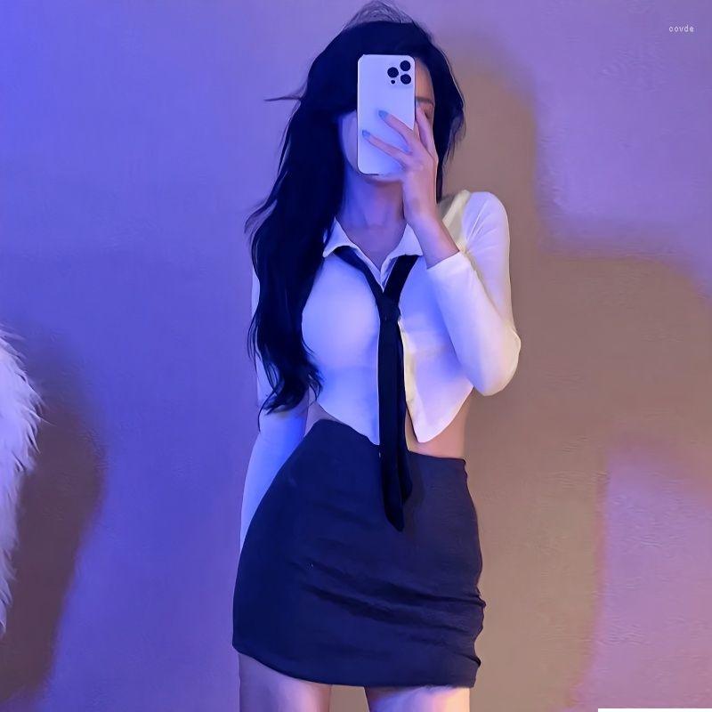 

Skirts Pure Desire To Close Waist White Shirt Female Slim And Thin Girl Blouse Short Long-sleeved Half Buttock Skirt Suit, Black