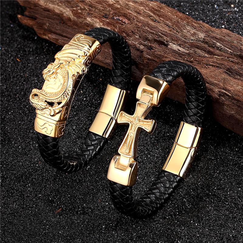 

Charm Bracelets MKENDN Cross Style Classic Handmade Leather Chain Braided Men Fashion Magnet Clasp 316L Stainless Steel Wristband