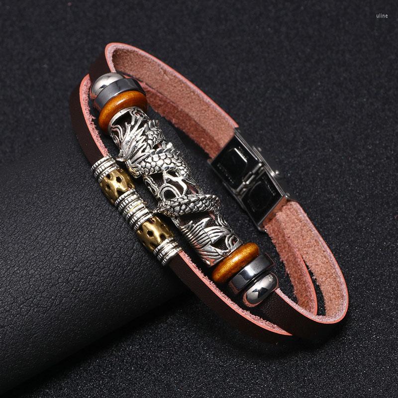 

Charm Bracelets 2023 Wholesale Vintage Chinese Silver Plated Dragon Bracelet Men Multilayer Leather For Women Drop NM-05