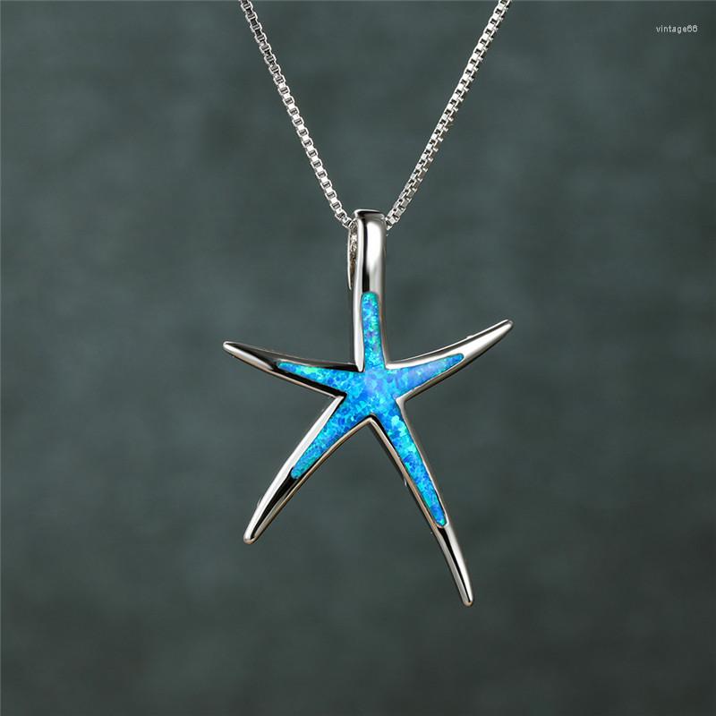 

Pendant Necklaces Cute Female Sea Star Animal Necklace Silver Color Wedding Boho Green Blue Imitation Opal For Women