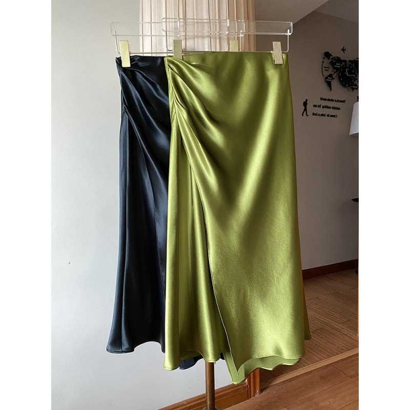 

Intellectual Irregular Acetic Acid Satin Skirt French Elegant Summer High Waist Mid Length Wrapped Hip Fishtail Skirt Women, Green5
