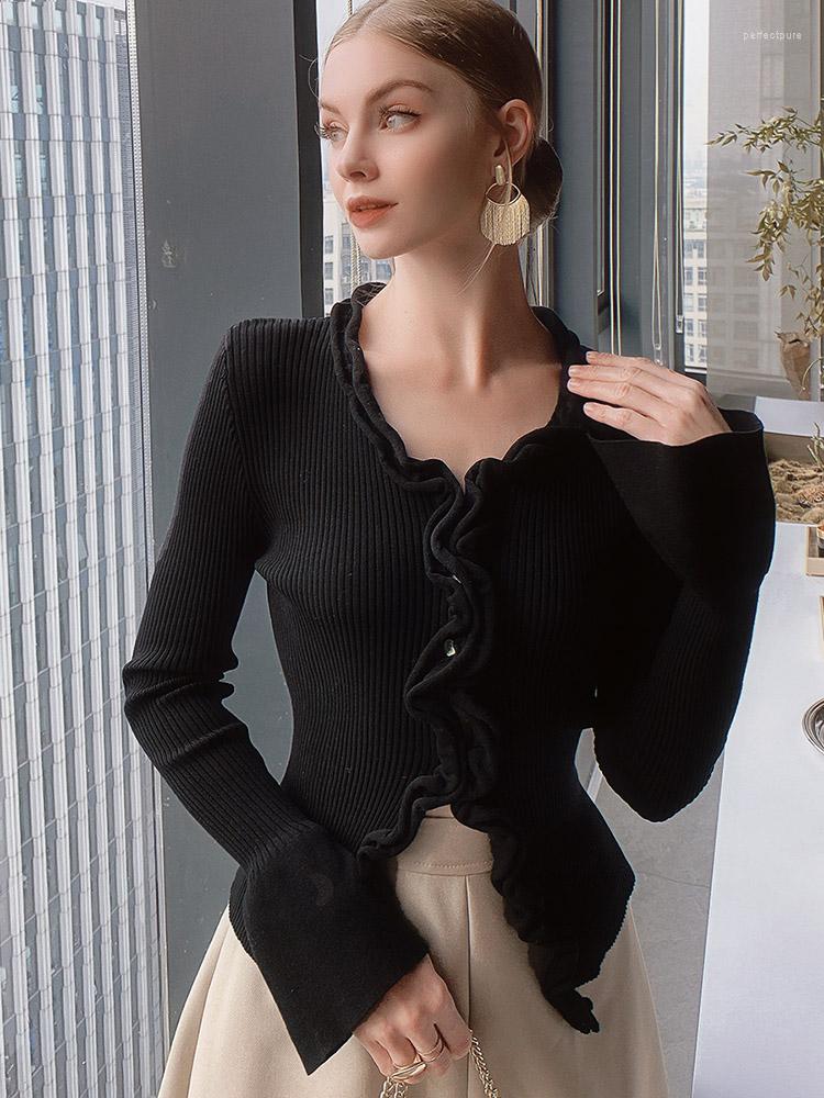 

Women' Knits Dabuwawa Spring Autumn Women Trend Vintage V Neck Slim Knitted Flare Long Sleeve Cardigan Jacket 2023 DM1AZK014, Black