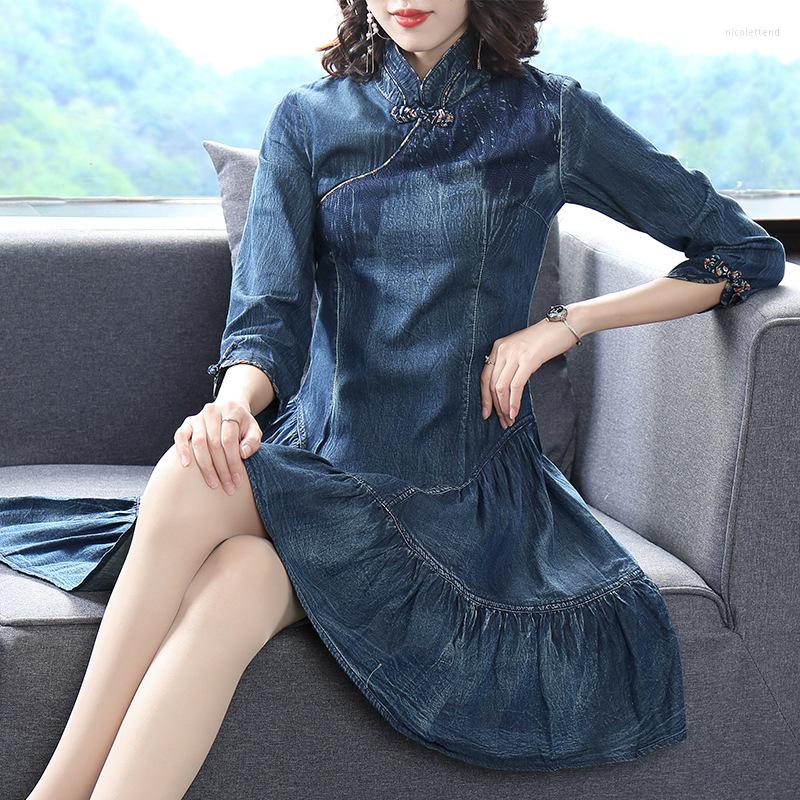 

Party Dresses Women Denim Dress Half Sleeve Cowboy A-line Ruffled Stand Collar Vintage Short Mini Jeans Casaul Boho Cotton Blue