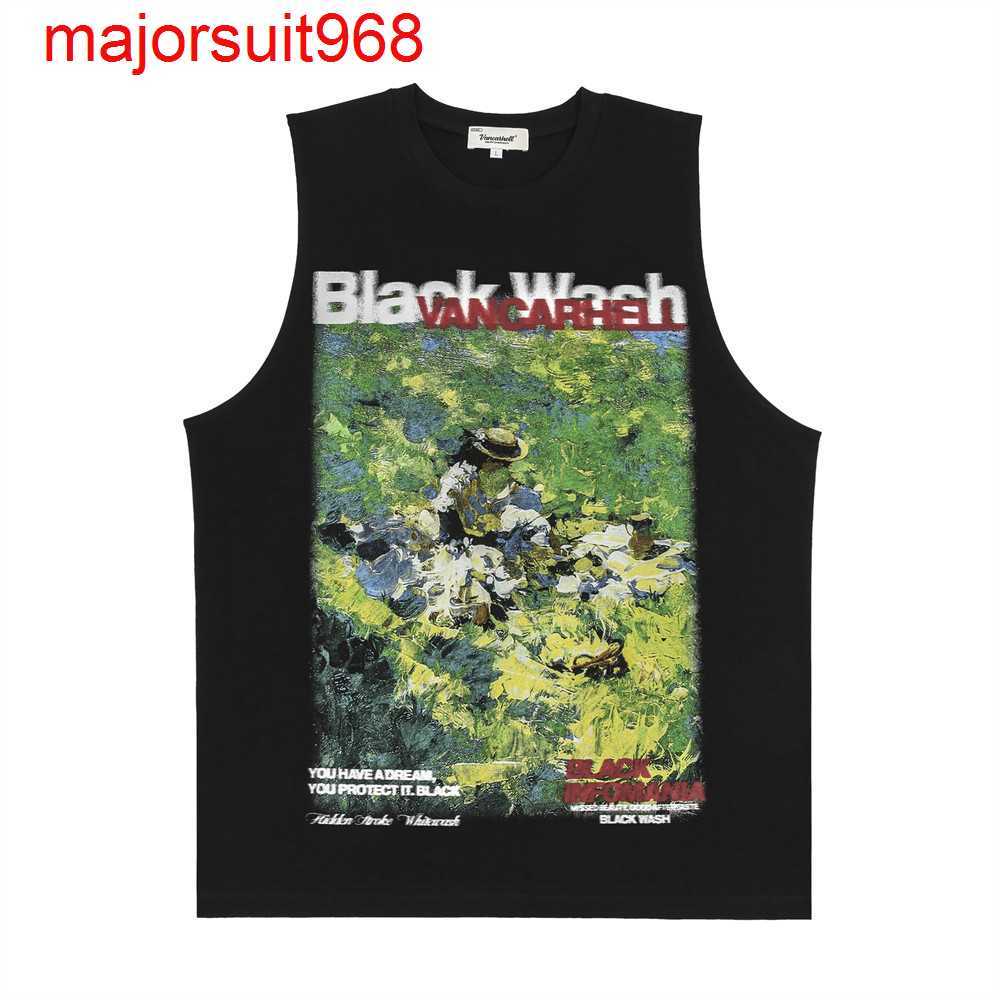 

China-Chic American style landscape oil painting printed waistcoat men's summer round neck cotton sports sleeveless T-shirt, White