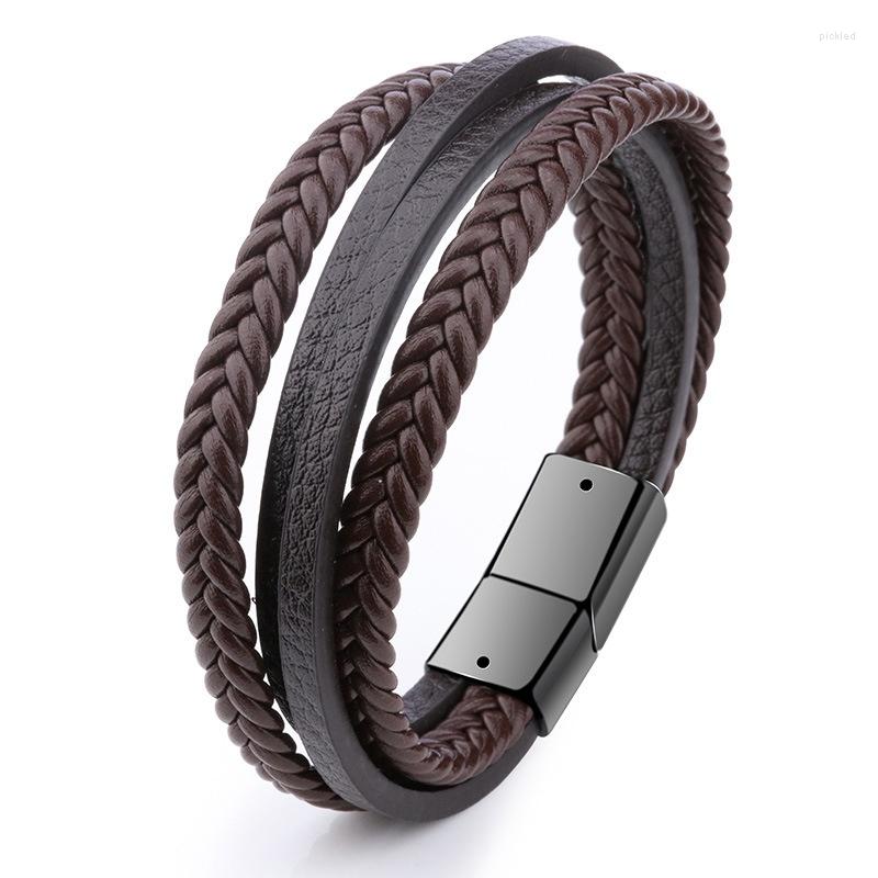 

Strand Fashion Simple Design Multilayer Leather Rope Hand Woven Stainless Steel Magnet Alloy Magnetic Clasp Bracelet Men's Jewelry Gift