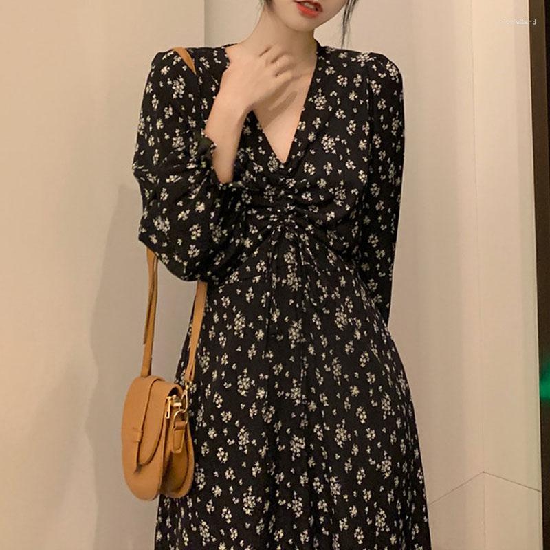 

Casual Dresses Vestidos De Mujer Elegante 2023 Robe Femme Clothing Long Sleeve Drawstring Floral Dress Chiffon Flare V-Neck Black