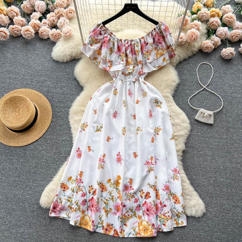 

Party Dresses French Retro Floral One-piece Collar Dress Women Summer Sleeveless Pleated Waist Ruffle Senior Sense Of Medium-length, Light green