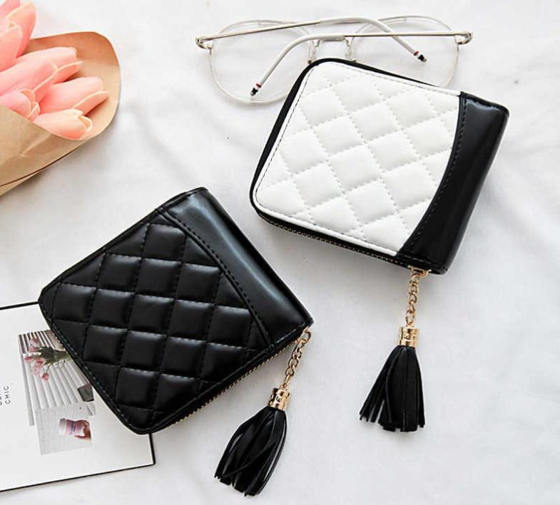 

2021 New Style Wallet Women Short Retro Embroidery Thread Tassel Lingge Black And White Contrast Color Korean Ladies Coin Purse1414648
