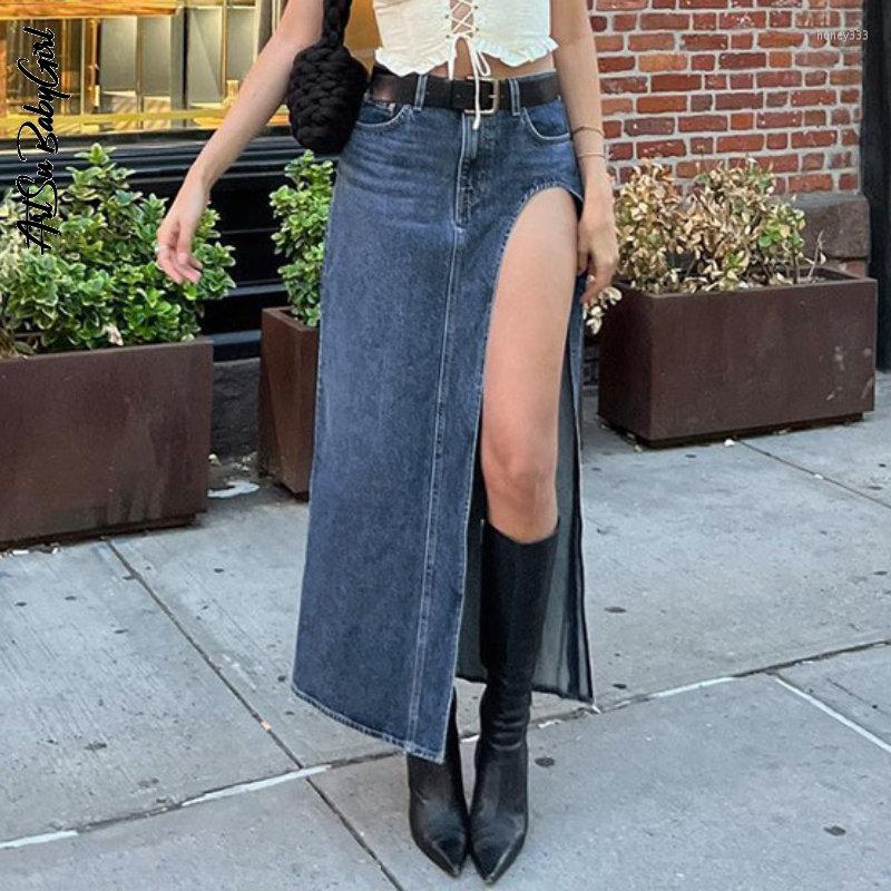 

Skirts Denim Maxi Skirt Women Side Slit Streetwear Y2k Fashion Solid Color High Waist Split Long Summer Women' Clothing, Blue