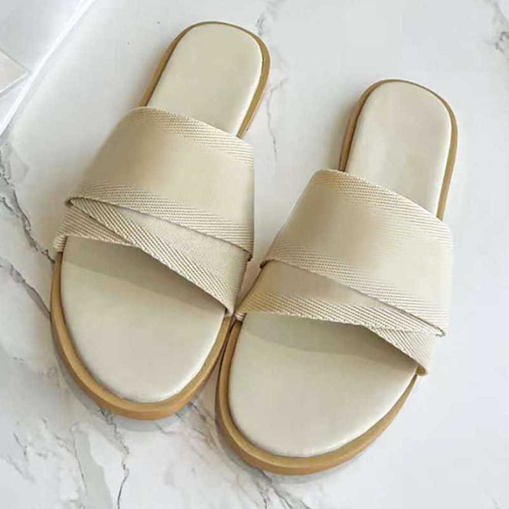 

Women Designer Sandals Woody Flat Sandal Lettering Slippers Calfskin Canvas Cross Straps Shoes Summer Beach Flip Flops Outdoor Leather Sole Slides With Box NO290