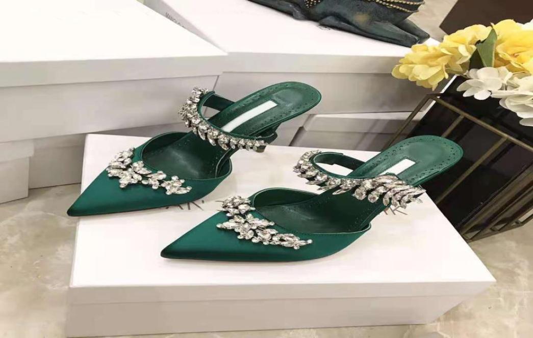 

Italy Shoes Fashion Pumps Lurum Green Satin Crystal Embellished Mules Wedding Party 90mm Heel Jewel Leaf3680992