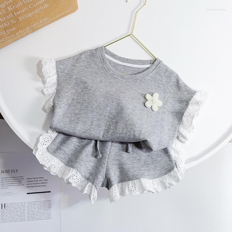 

Clothing Sets Gray Children Summer Clothes Sweet O-neck Pullover Sleeveless Lace Edge Tops And Short Pants Casual Baby Girls Outfits