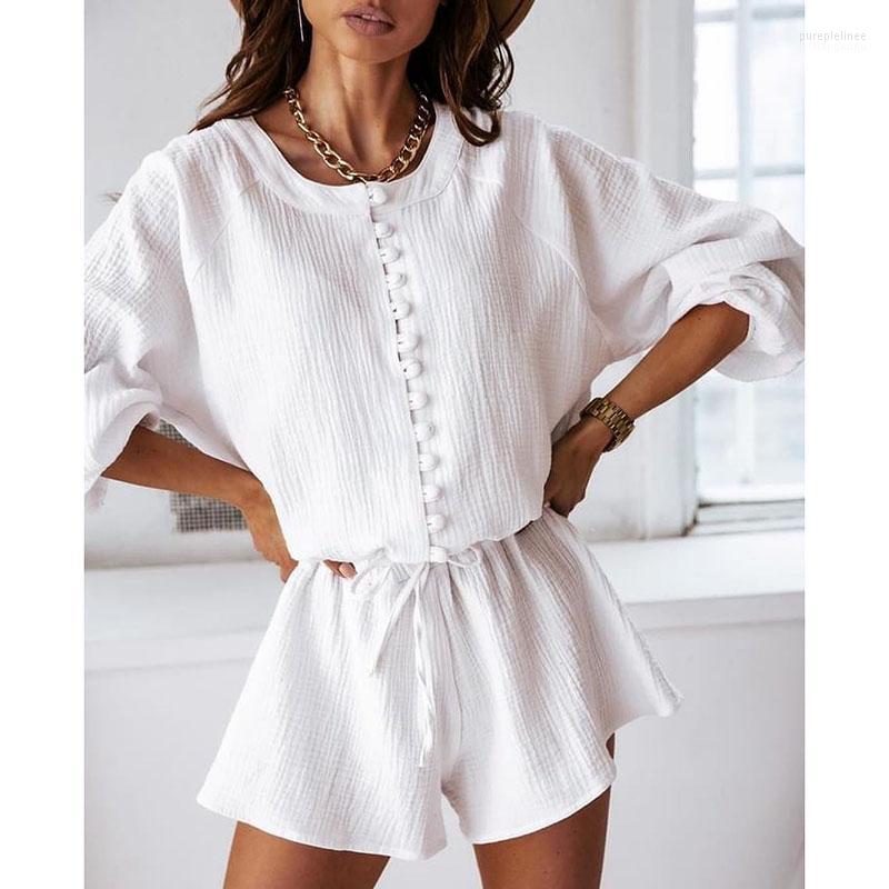 

Women's Tracksuits Fashion Solid Loose Suits Women Elegant O Neck Single Breasted Tshirts Suit Casual Elastic Waist Shorts Ladies, White