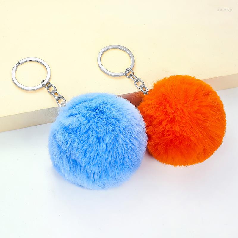 

Keychains 35 Color Furry Metal Ball Keychain Key Ring 8CM Imitation Rex Pompom Pendant Simple Gift Chain Ladies Bag Ornaments
