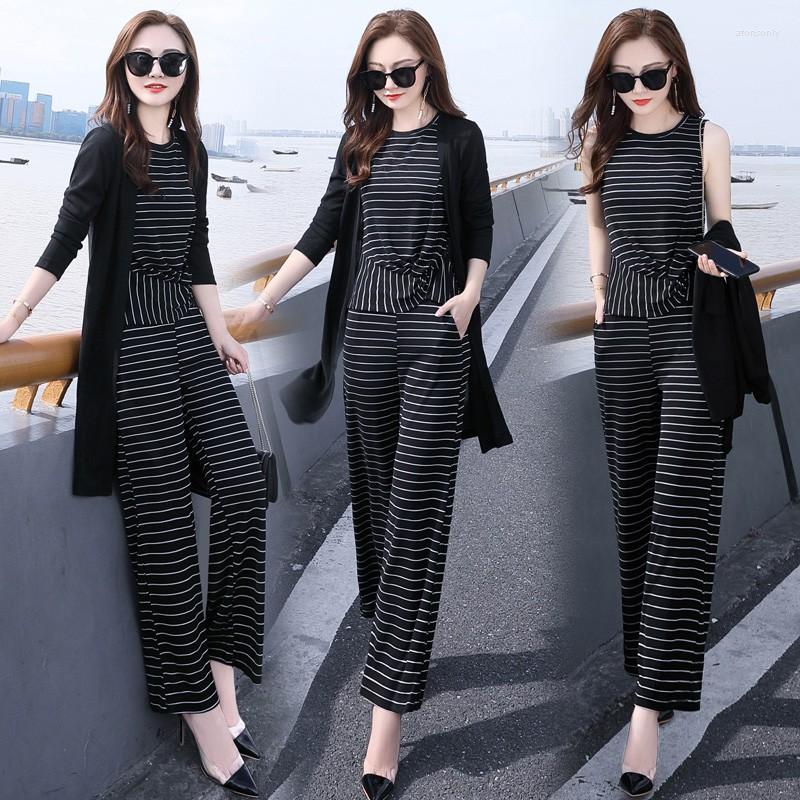 

Women's Two Piece Pants 2023 Autumn Spring Women Three Pieces Suits Long Sleeve Coat Tops T-Shirts Wide Leg Trousers Lady 3 Sets, Black