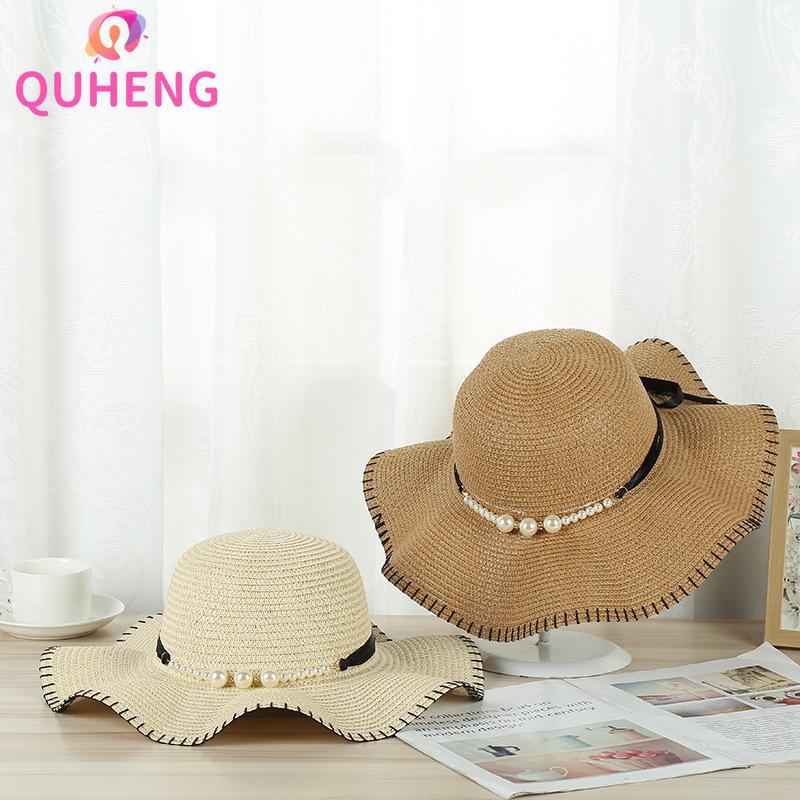 

Wide Brim Hats QUHENG Summer Beach Ladies Go Out Straw Pearl Lace Woven Hat Outdoor Travel Sunshade Z159, 04