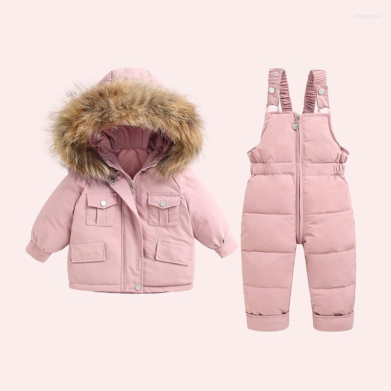 

Clothing Sets Russian Winter Children's Down Jacket Pants Fur Collar Boys Girls Coats 0-5year Kids Baby Snow Ski Overalls, Pink