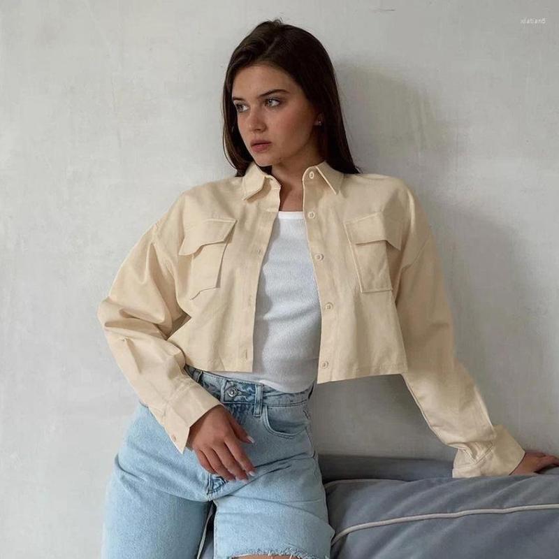 

Women's Jackets 2023 Spring And Autumn Solid Color Versatile Shirts Short Lapel Workwear Tops Street Fashion Trend Women's Clothing, Beige
