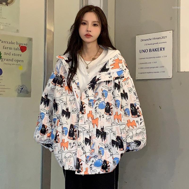 

Women' Jackets 2023 American Fashion Brand Full Face Cartoon Graffiti Fake Two Hooded Ins Coat, Black