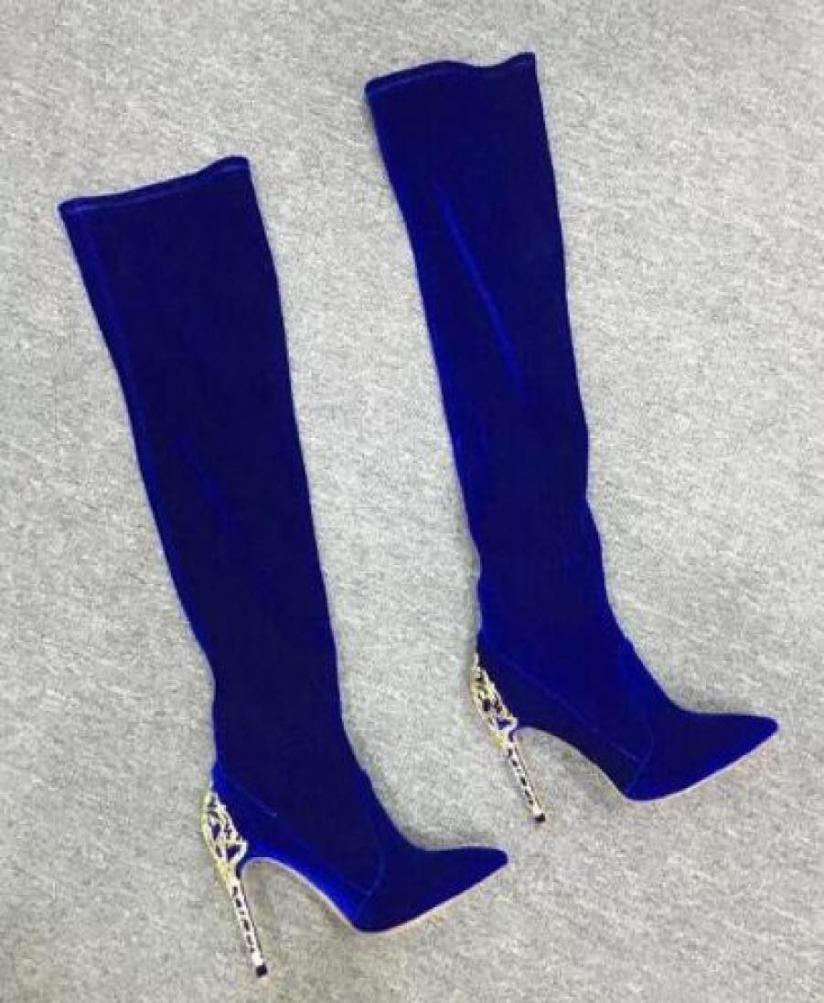 

2018 Women Luxurious Royal Blue Black Suede Metal Heel Boots Pointed Toe Cutout Heels Dress Boots Overtheknee Boots Thigh High4645399