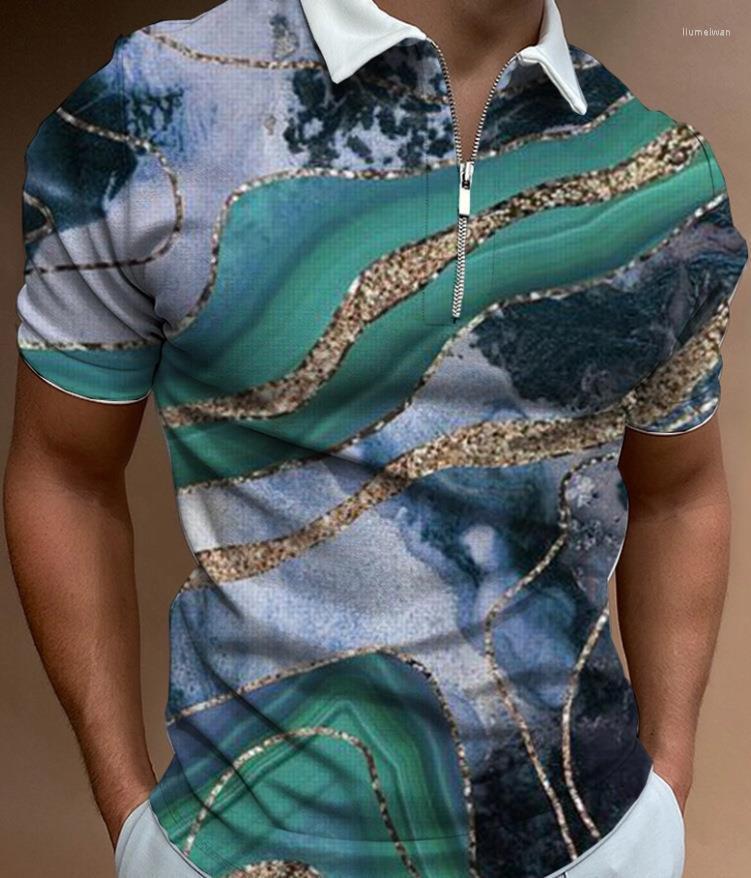 

Men's Polos Men's Summer Lapel Polo Shirt Fashion 3D Printing Trend Zipper Short-sleeved, Beige